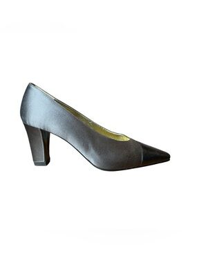 Vintage Chanel Satin Block Heel Leather Cap Toe Pumps